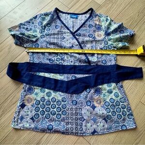 Floral embroidered Patterned Wrap scrub top